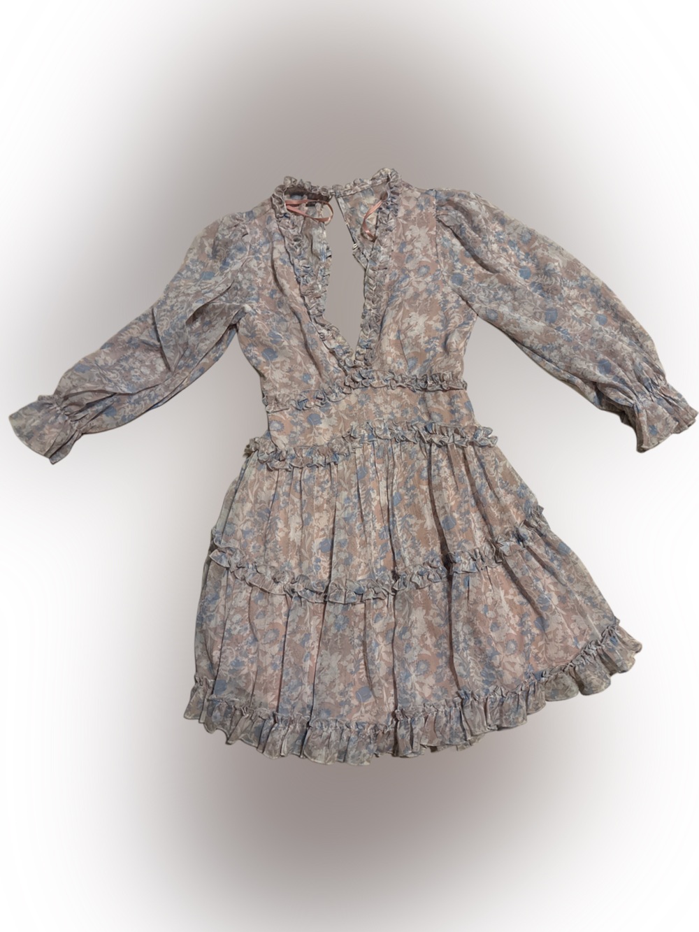 Aura Floral Tiered Long-Sleeve Mini Dress in Dusty Blue and Mauve